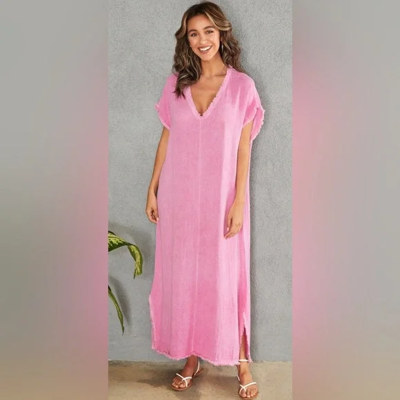 Venti6 Italian linen/cotton Bubblegum Pink Frayed Hem Maxi Dress - Picture 6 of 8